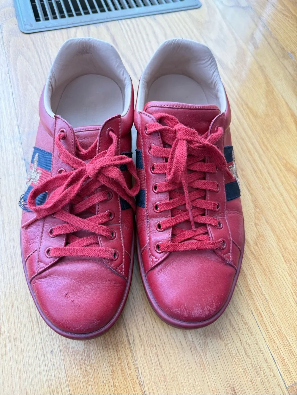 Gucci Red Leather Sneakers with Navy Stripe and Bee Embroidery